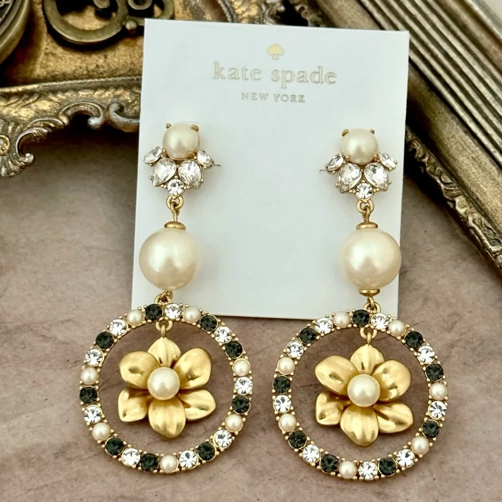 KATE SPADE • Wild Garden Flowers Triple Crystal Pearl Drop Earrings - Picture 3 of 3
